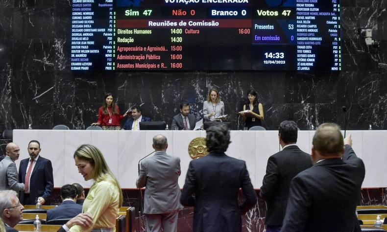 Deputados no plenrio da Assembleia Legislativa/ ao fundo a Mesa Diretora e o painel de votao