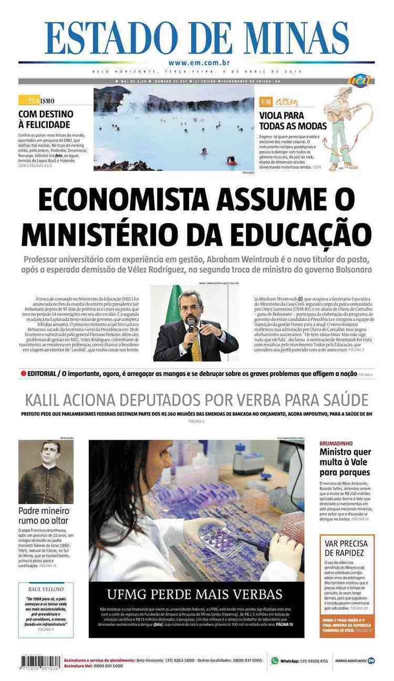 Confira a Capa do Jornal Estado de Minas do dia 09/04/2019(foto: Estado de Minas)