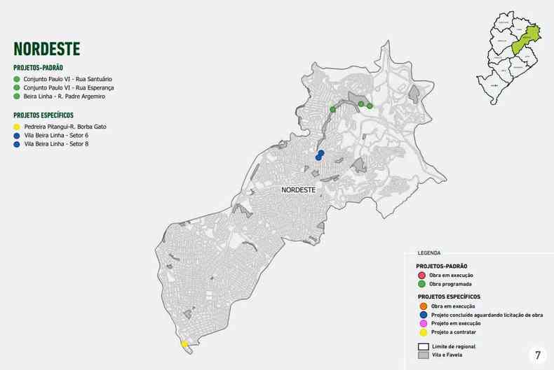 Mapa com obras previstas na Regional Nordeste-PBH