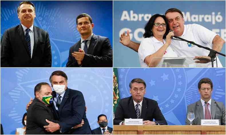 Montagem com Jair Bolsonaro e ex-ministros Sergio Moro, Damares, Ricardo Salles, Pazuello