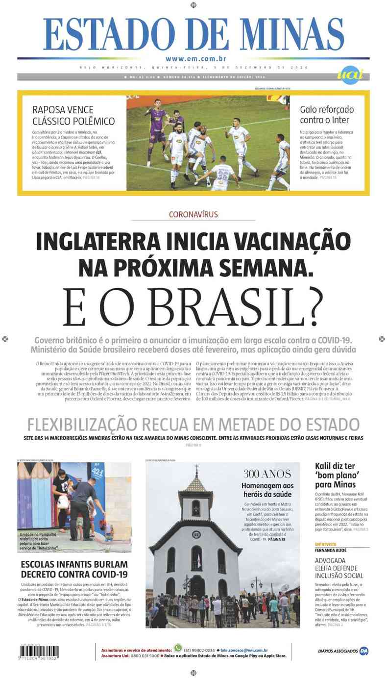 Confira a Capa do Jornal Estado de Minas do dia 03/12/2020(foto: Estado de Minas)