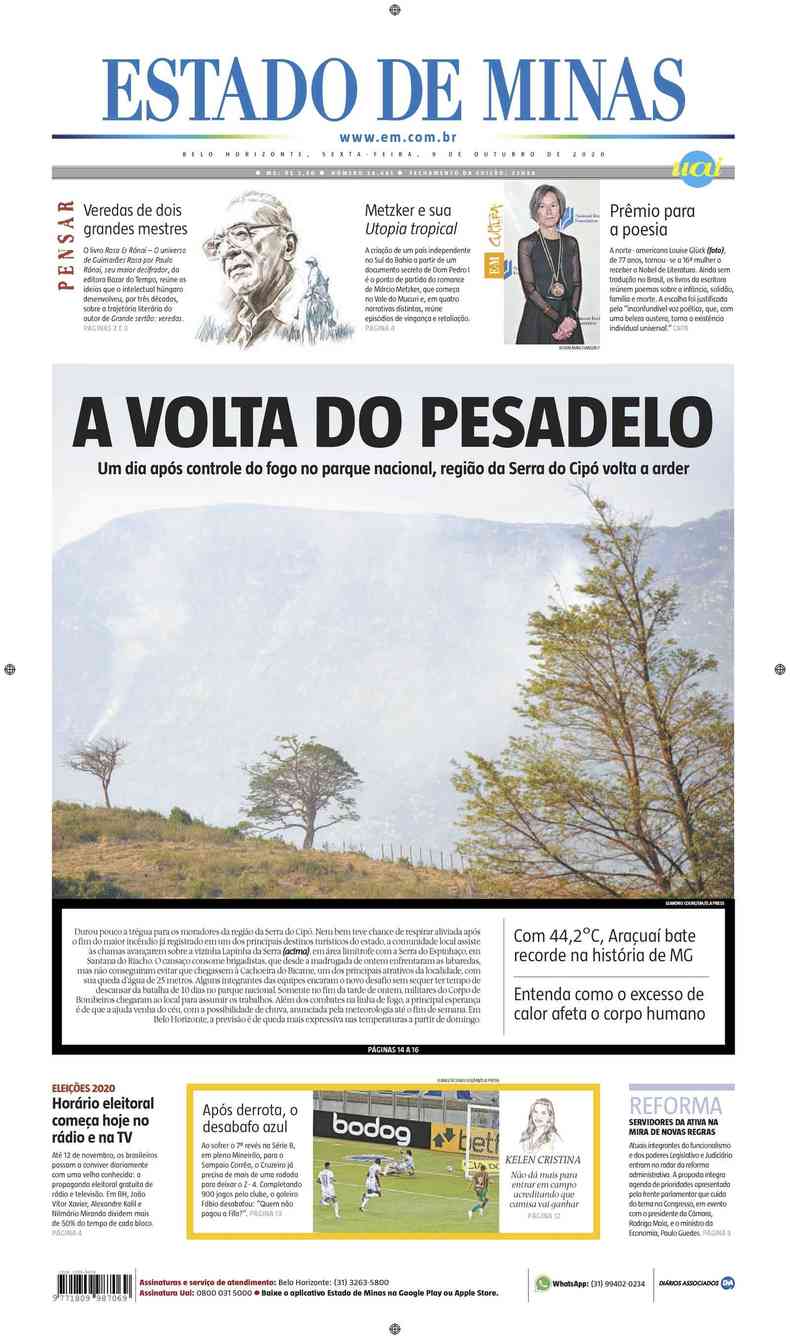 Confira a Capa do Jornal Estado de Minas do dia 09/10/2020(foto: Estado de Minas)