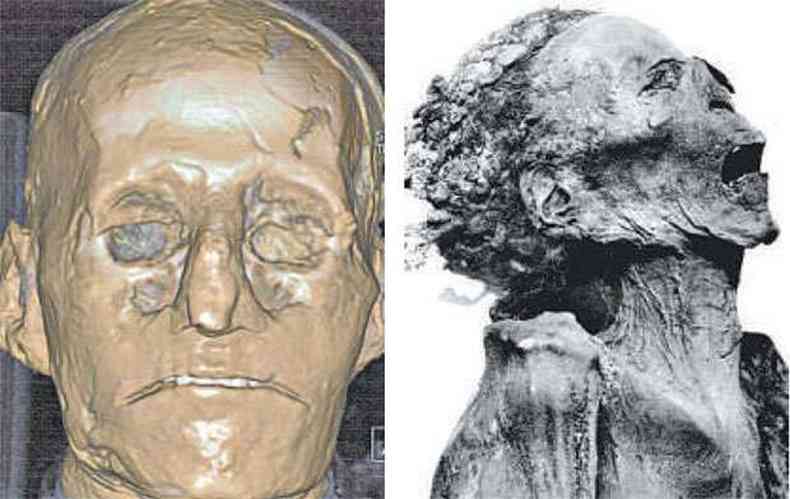 Reconstituição do rosto de Ramsés III (E)e a múmia do %u201Chomem E%u201D, provavelmente Pentwere, filho do faraó(foto: ALBER ZINK/DIUVLLGAÇÃO)