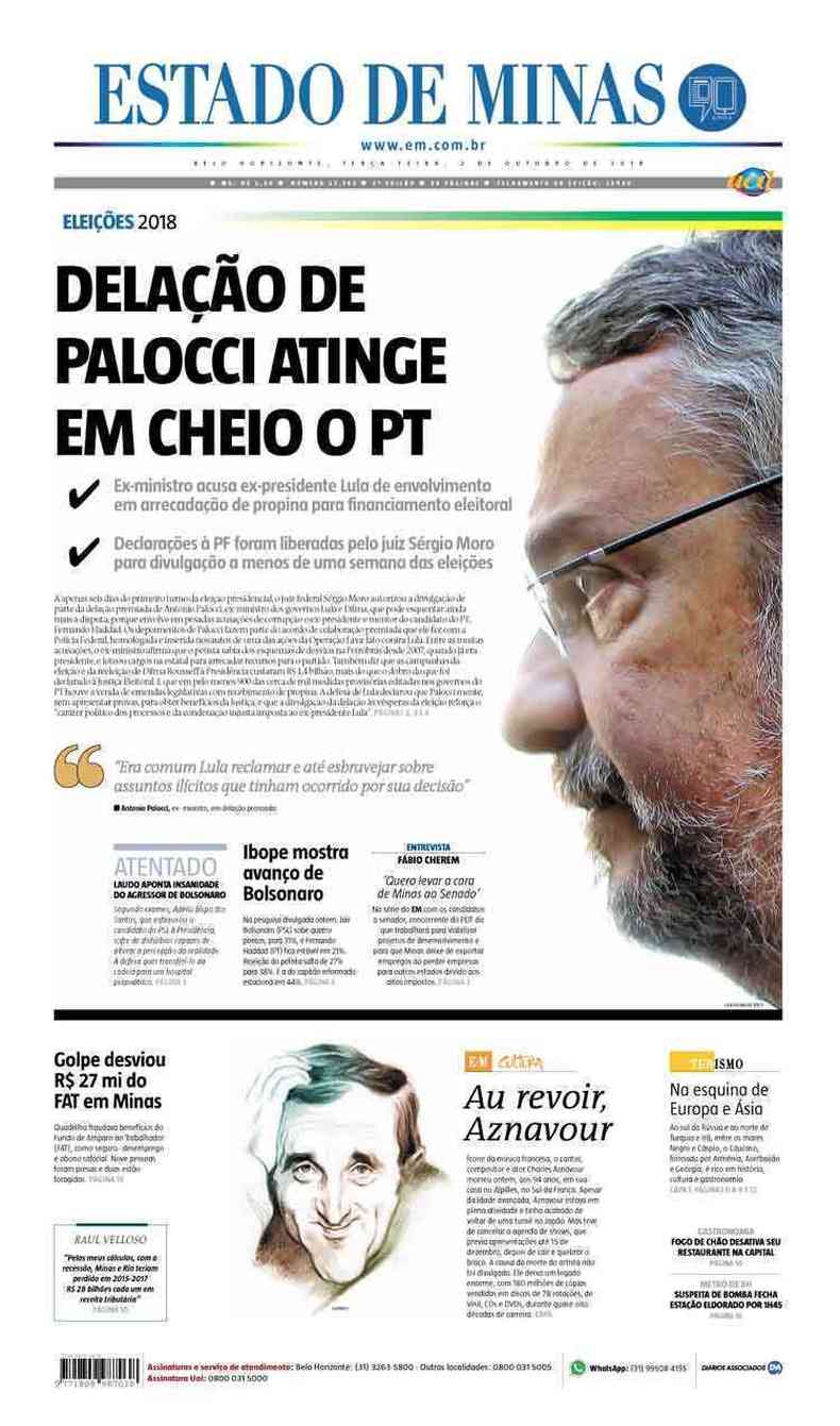 Confira a Capa do Jornal Estado de Minas do dia 02/10/2018(foto: Estado de Minas)