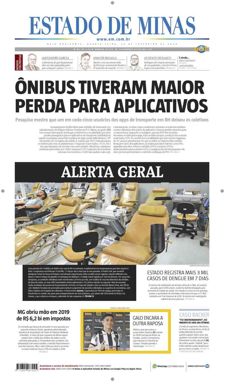 Confira a Capa do Jornal Estado de Minas do dia 12/02/2020(foto: Estado de Minas)