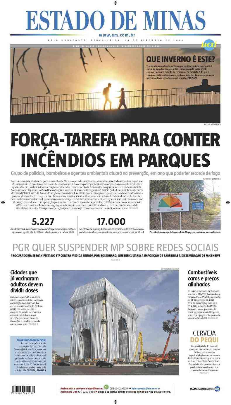 Confira a Capa do Jornal Estado de Minas do dia 14/09/2021