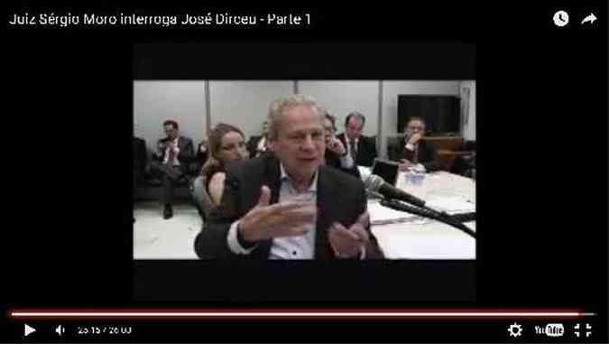 Jos Dirceu durante depoimento, no ano passado, ao juiz Srgio Moro(foto: Reproduo/Youtube)