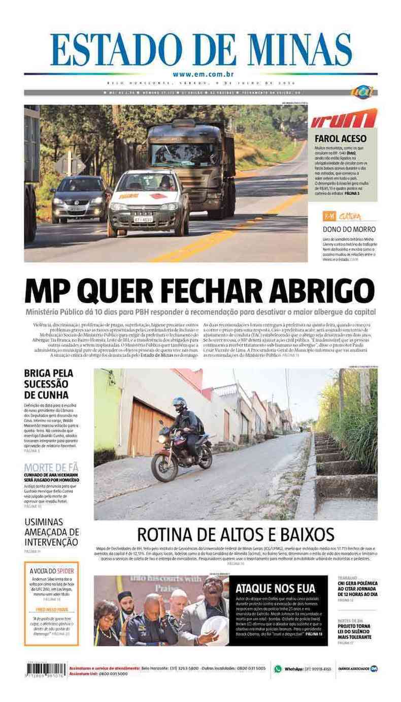 Confira a Capa do Jornal Estado de Minas do dia 09/07/2016