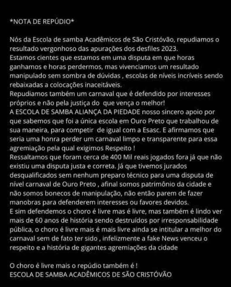 A segunda colocada emitiu nota de repdio sobre o resultado final 