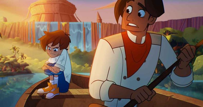 Leonard e Jack, o aprendiz e o chef, no desenho animado dirigido por Guilherme Fiuza Zenha(foto: Sony Pictures/Divulgação) Leonard, de cara feia, sentado ao fundo, e Jack, olhando assustado para o lado, em cena do desenho animado Chef Jack: O cozinheiro aventureiro