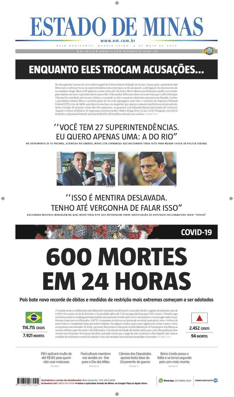 Confira a Capa do Jornal Estado de Minas do dia 06/05/2020(foto: Estado de Minas)