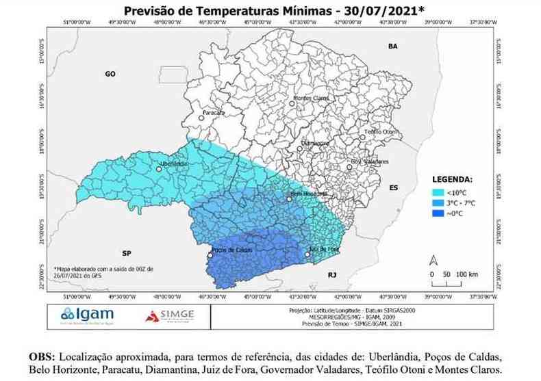 Mapa de temperaturas mostra onde podem acontecer geadas novamente em Minas Gerais(foto: Reproduo/Igam/Simge)