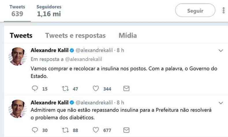 Antes do anncio do repasse da insulina, o prefeito Alexandre Kalil criticou o Executivo estadual pelo Twitter e falou em compra emergencial do produto(foto: Twitter/Reproduo da Internet)