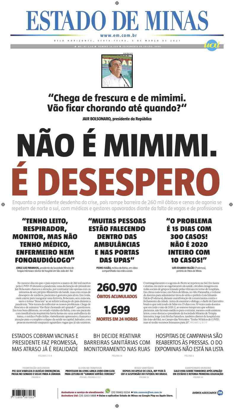 Confira a Capa do Jornal Estado de Minas do dia 05/03/2021(foto: Estado de Minas)