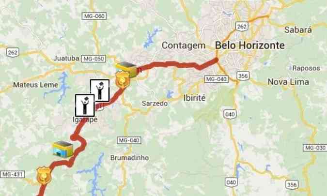 Mapa da BR-381, na pgina da Atuopista Ferno Dias, detalha pontos de interdio na rodovia, em Igarap(foto: Autopista Ferno Dias/Reproduo)