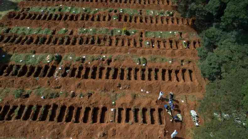 Cemitrio da Vila Formosa, Zona Leste de So Paulo - o maior do Pas -, que chamou ateno no fim de semana pelo grande nmero de covas abertas  espera de vtimas da covid-19(foto: AFP)