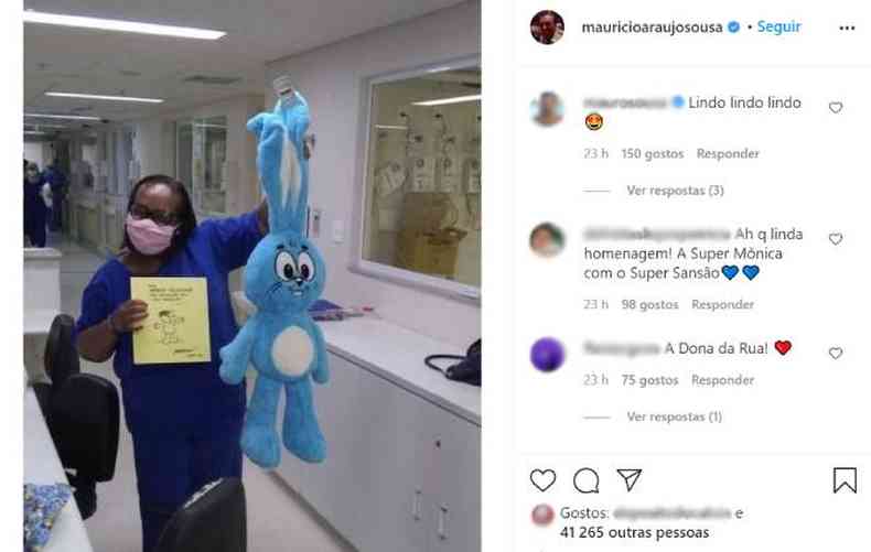 Maurcio de Souza presenteou Monica Calazans, a primeira vacinada contra a COVID-19 no Brasil(foto: Reproduo/Instagram )