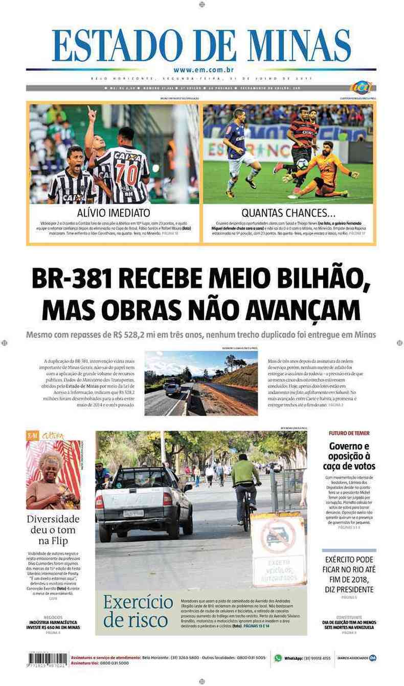 Confira a Capa do Jornal Estado de Minas do dia 31/07/2017