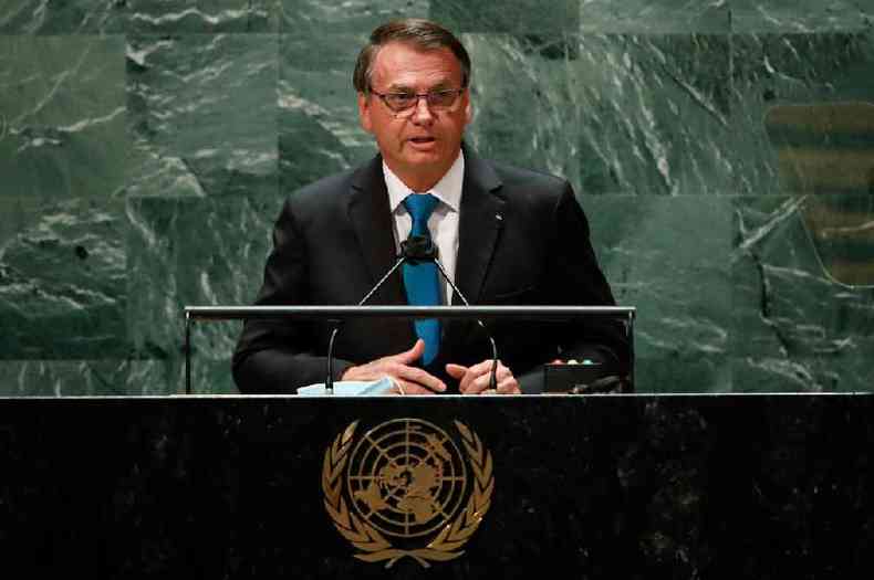 O presidente Jair Bolsonaro discursando na Assembleia Geral da ONU em 2021