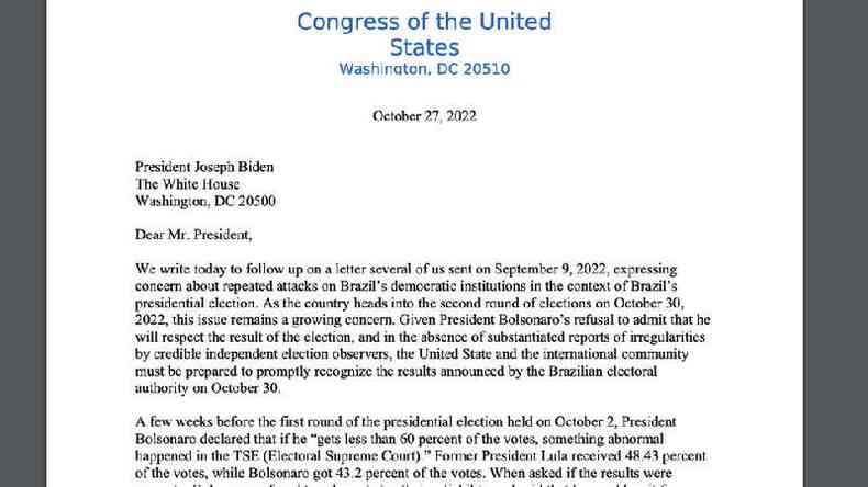 Em carta, congressistas dizem que 'os EUA e a comunidade internacional devem estar preparados para reconhecer prontamente os resultados anunciados em 30 de outubro'