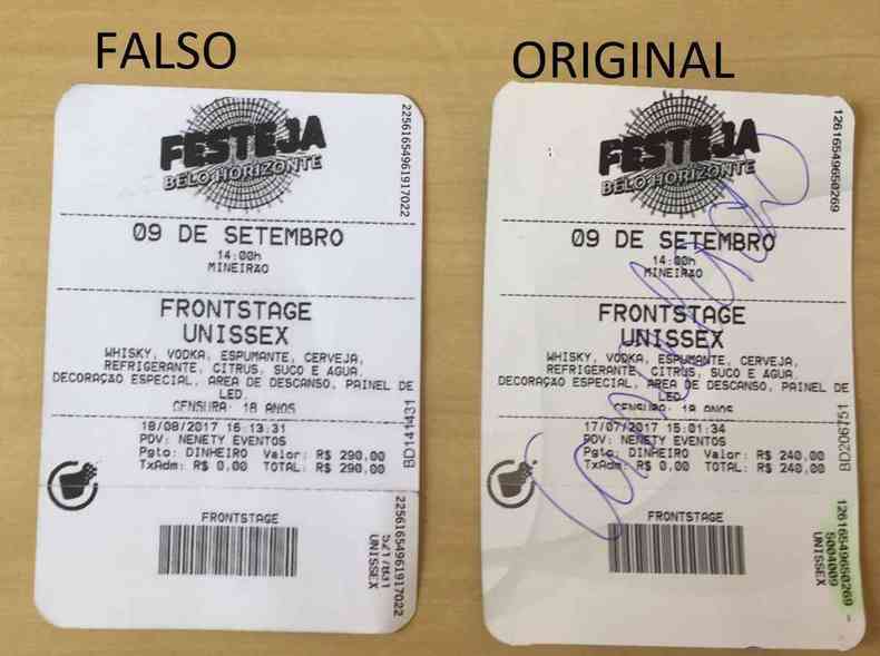 Comparao entre os ingressos original e falsificado(foto: Polcia Civil/Divulgao)