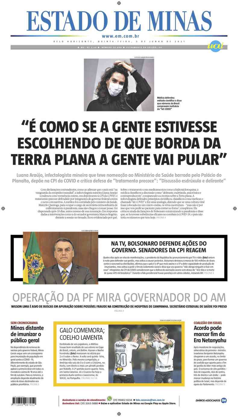 Confira a Capa do Jornal Estado de Minas do dia 03/06/2021(foto: Estado de Minas)