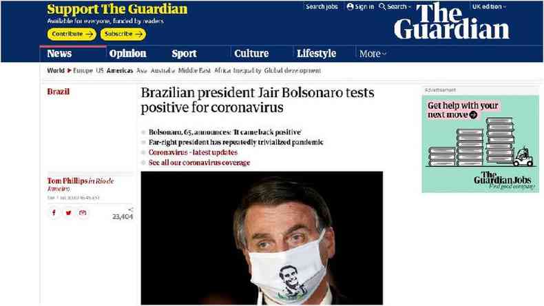 Diagnstico positivo de Bolsonaro ganhou amplo destaque nos principais jornais do mundo, como o britnico The Guardian(foto: Reproduo/The Guardian)