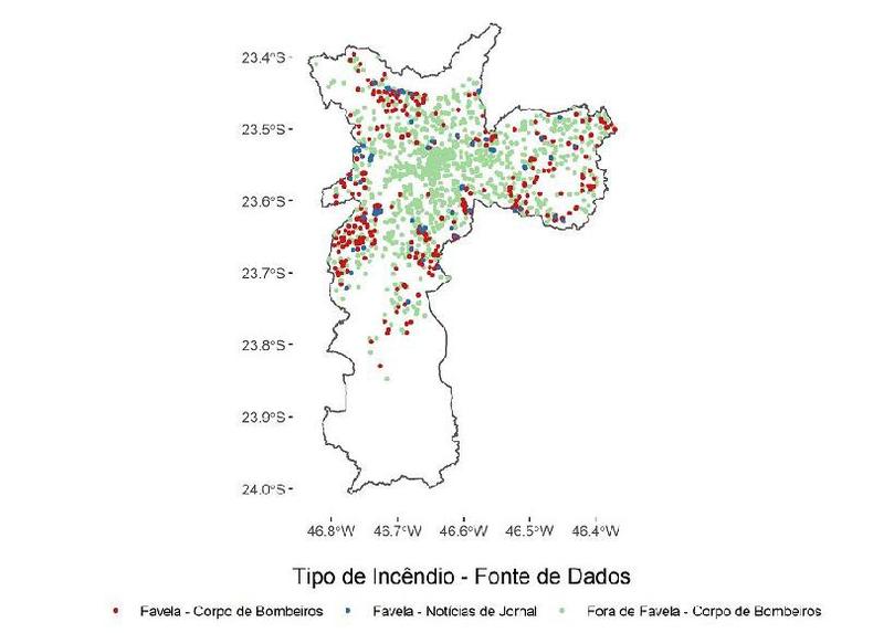 Mapa mostra incndios ocorridos em favelas e fora delas no municpio de So Paulo entre 2011 e 2016, a partir de dados do Corpo de Bombeiros
