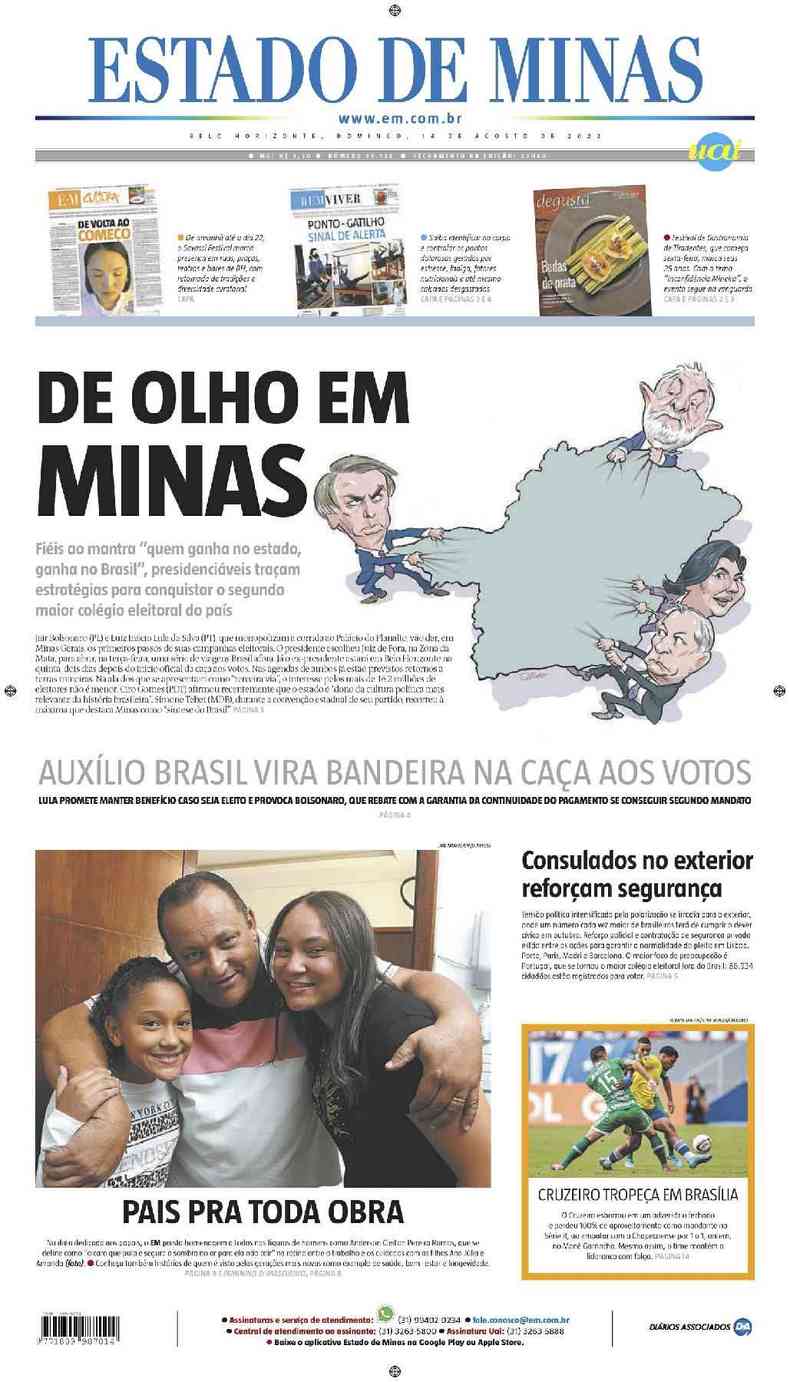 Confira a Capa do Jornal Estado de Minas do dia 14/08/2022