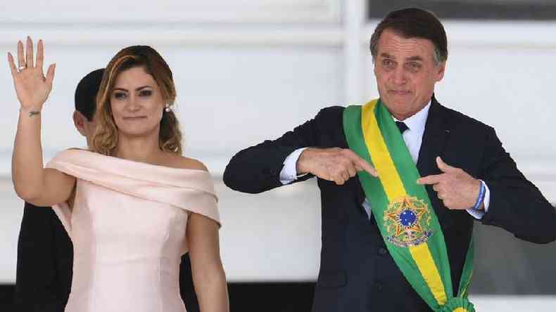 Michelle e Jair Bolsonaro durante a posse presidencial de 2019