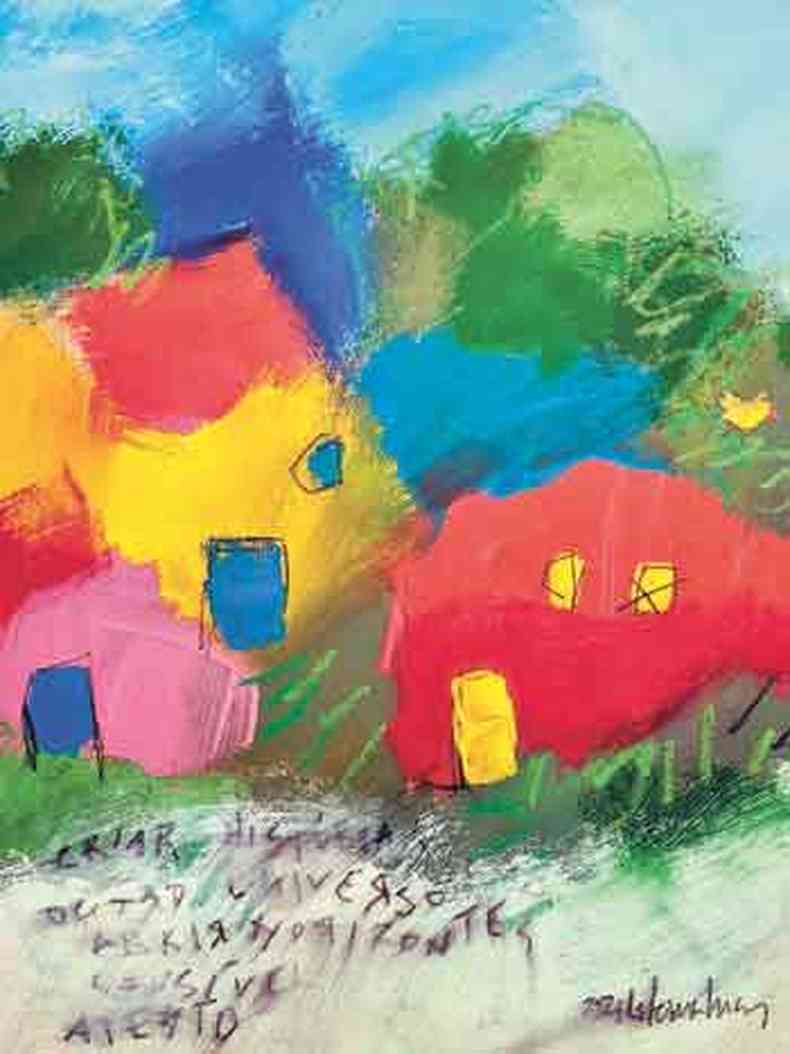 ilustrao de Lelena Lucas mostra formas coloridas em tons alegres de rosa, amarelo e vermelho