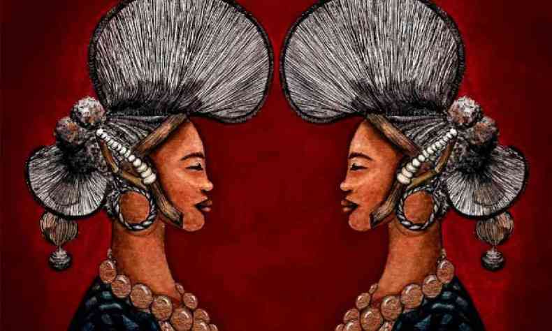 Pintura de aquarela sobre papel retratando duas mulheres da etnia Fulani de perfil de encarando sorrindo