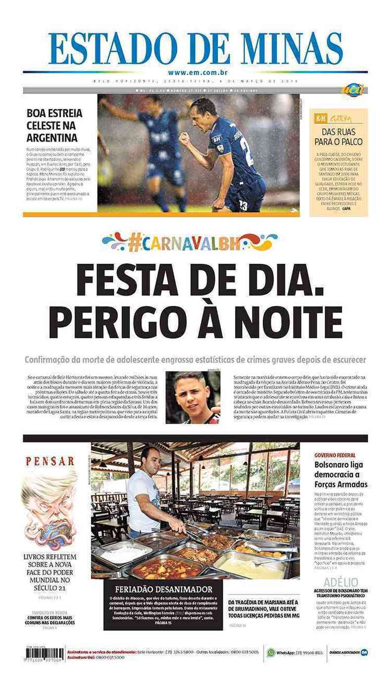 Confira a Capa do Jornal Estado de Minas do dia 08/03/2019(foto: Estado de Minas)