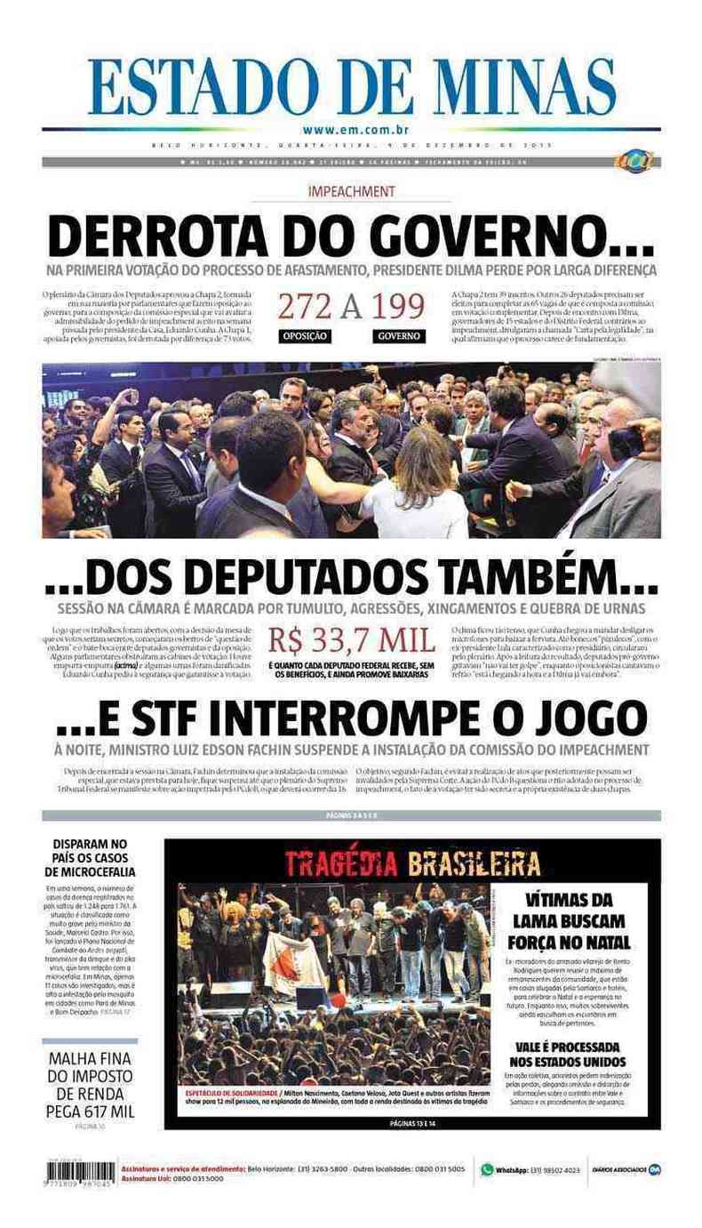 Confira a Capa do Jornal Estado de Minas do dia 09/12/2015