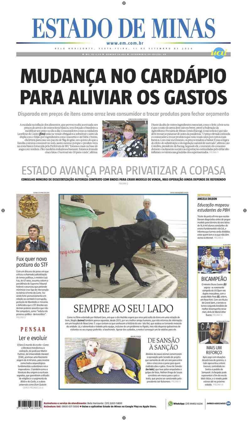 Confira a Capa do Jornal Estado de Minas do dia 11/09/2020(foto: Estado de Minas)