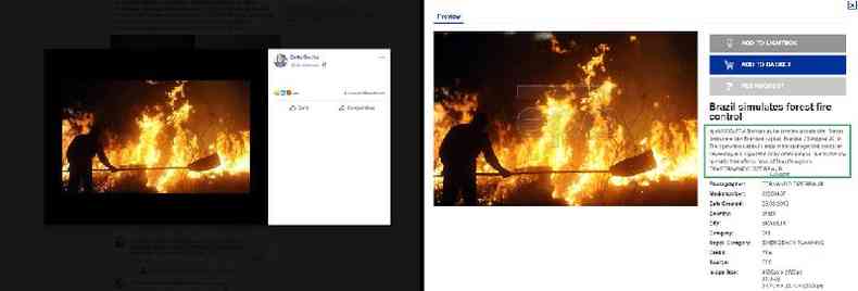 Comparao feita em 14 de setembro de 2020 entre imagem publicada no Facebook (esquerda) e foto publicada no banco de imagens da European Pressphoto Agency (EPA)
