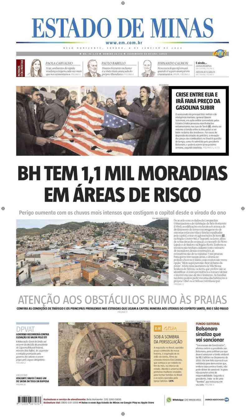 Confira a Capa do Jornal Estado de Minas do dia 04/01/2020(foto: Estado de Minas)