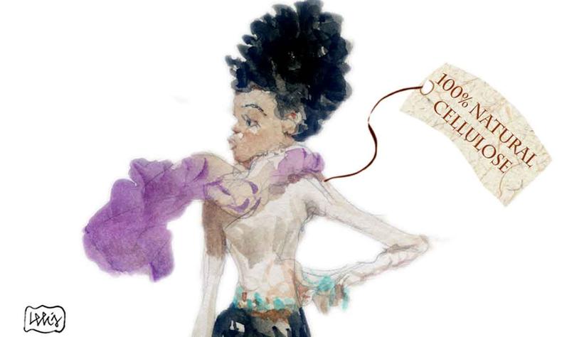 ilustrao mostra modelo desfilando, carregando a etiqueta 100% natural cellulose, enorme, pregada na gola de sua roupa 