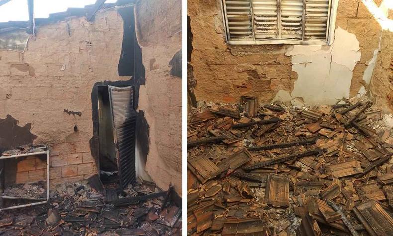 O incêndio comprometeu o telhado e a estrutura da casa, em Frutal(foto: Blog do Portari/Divulgação) Montagem de fotos de incêndio