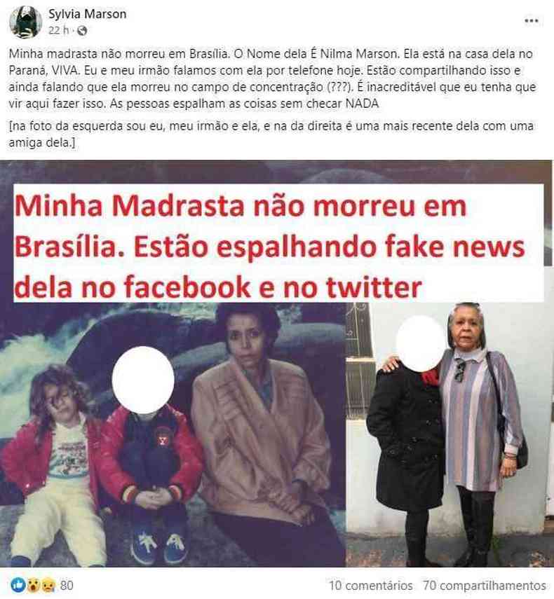 Captura de tela feita em 11 de janeiro de 2023 de uma publicao de Sylvia Marson no Facebook 