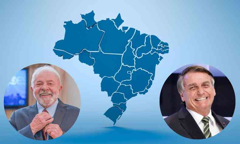 Lula e Bolsonaro separados pelo mapa do Brasil na cor azul