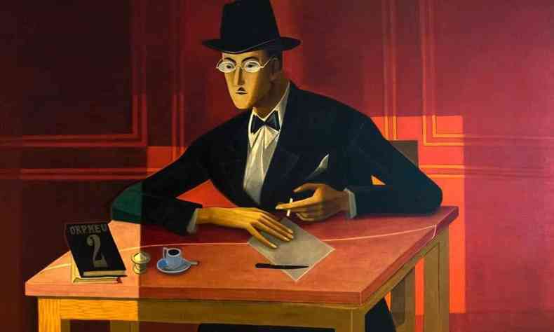 Fernando Pessoa, de chapu sentado na mesa, em detalhe do quadro pintado por Jos de Almada Negreiros