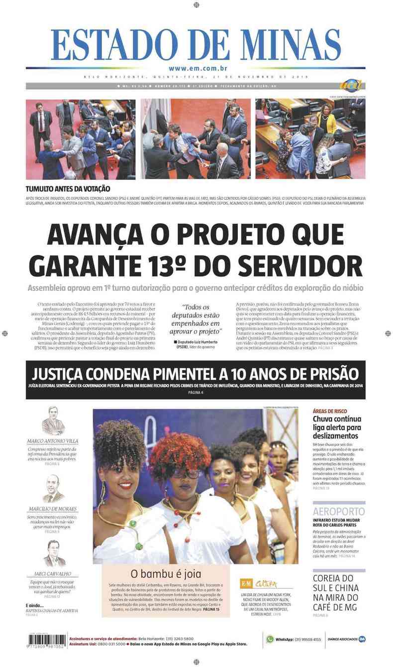 Confira a Capa do Jornal Estado de Minas do dia 21/11/2019(foto: Estado de Minas)