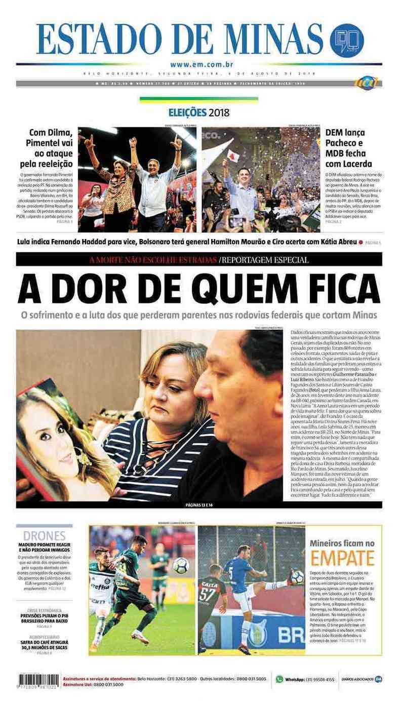Confira a Capa do Jornal Estado de Minas do dia 06/08/2018
