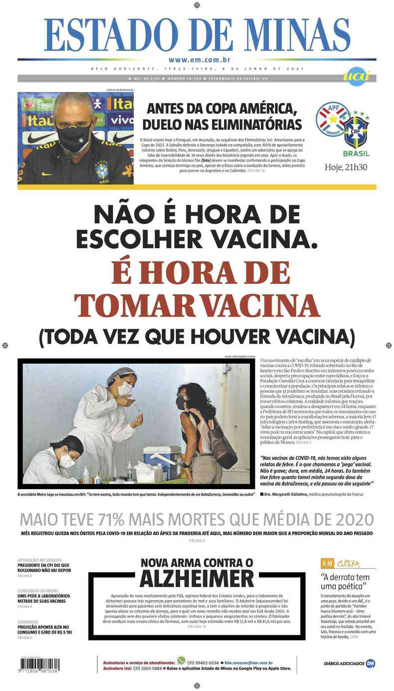 Confira a Capa do Jornal Estado de Minas do dia 08/06/2021(foto: Estado de Minas)