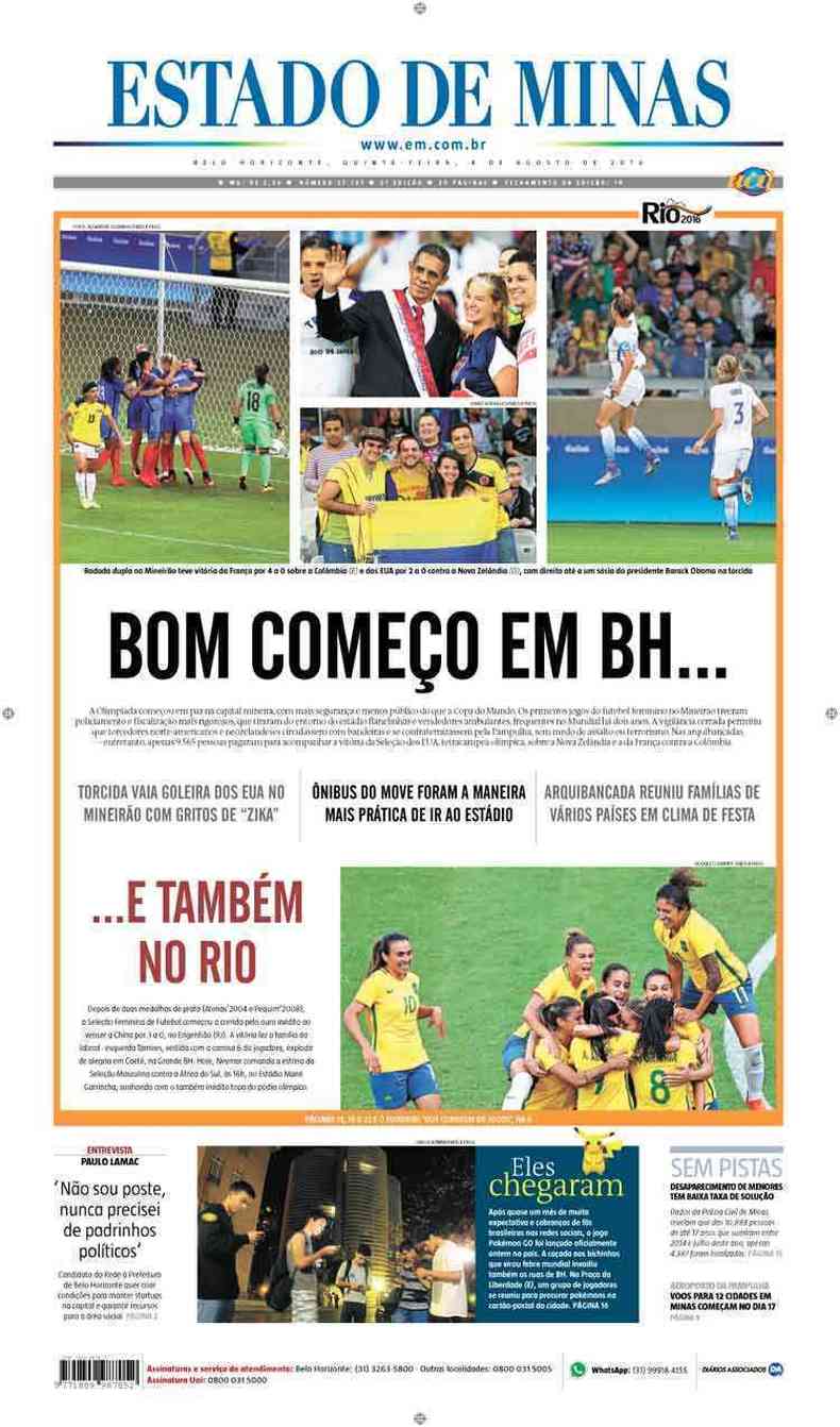 Confira a Capa do Jornal Estado de Minas do dia 04/08/2016