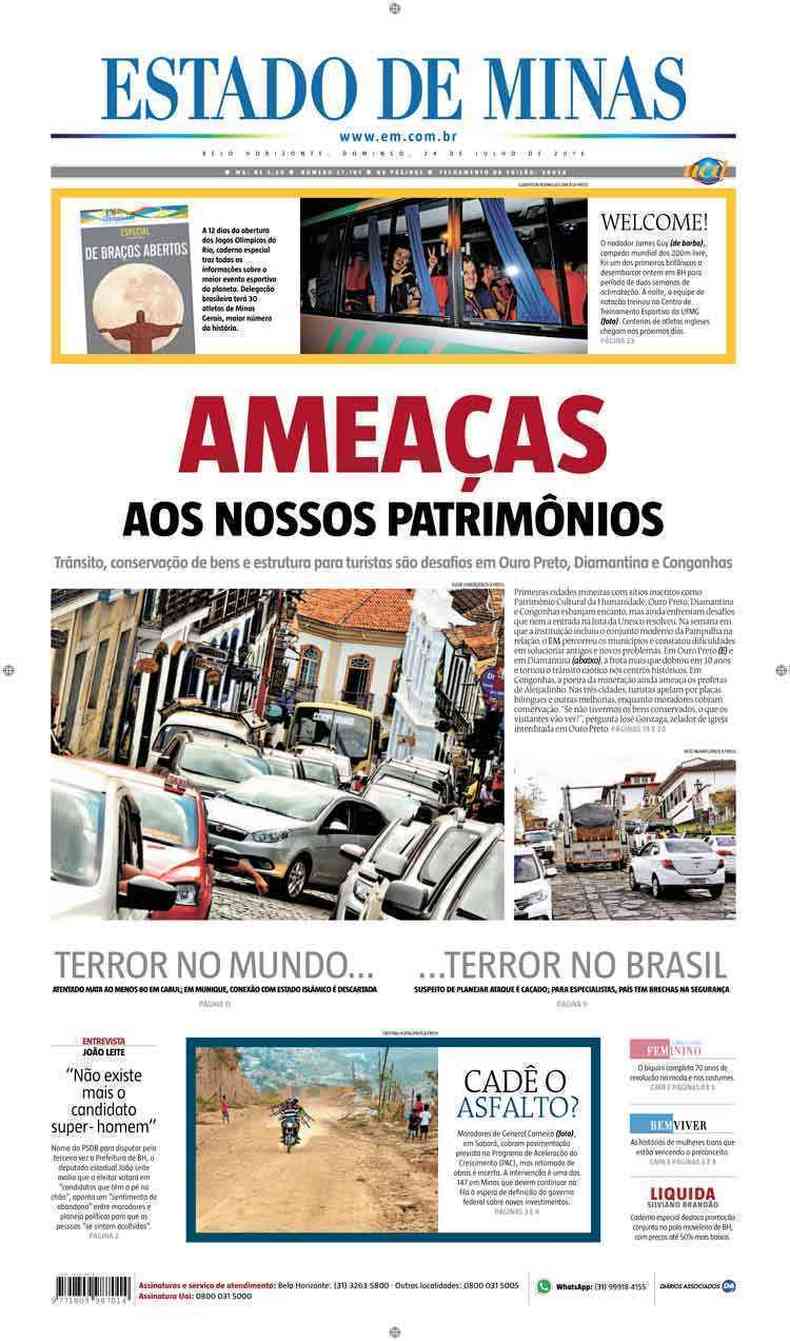 Confira a Capa do Jornal Estado de Minas do dia 24/07/2016
