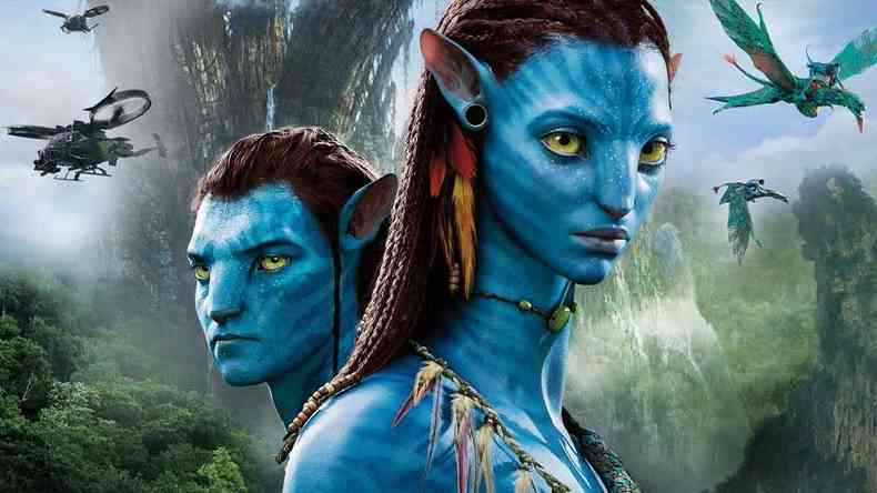 Cena do filme 'Avatar', com casal de personagens azuis 