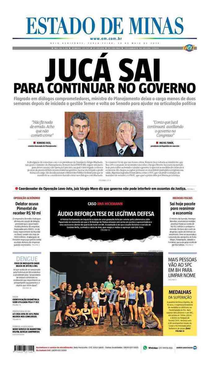 Confira a Capa do Jornal Estado de Minas do dia 24/05/2016