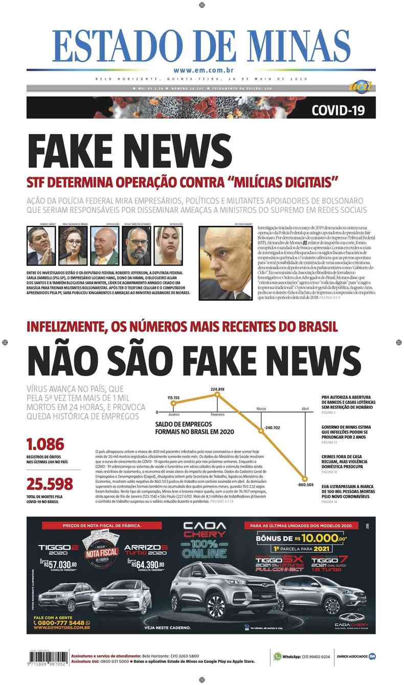 Confira a Capa do Jornal Estado de Minas do dia 28/05/2020(foto: Estado de Minas)